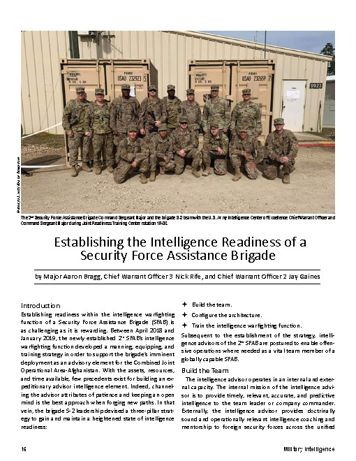 Establishing the Intelligence Readiness of a Security Force Assistance Brigade — 30 Jun 2019