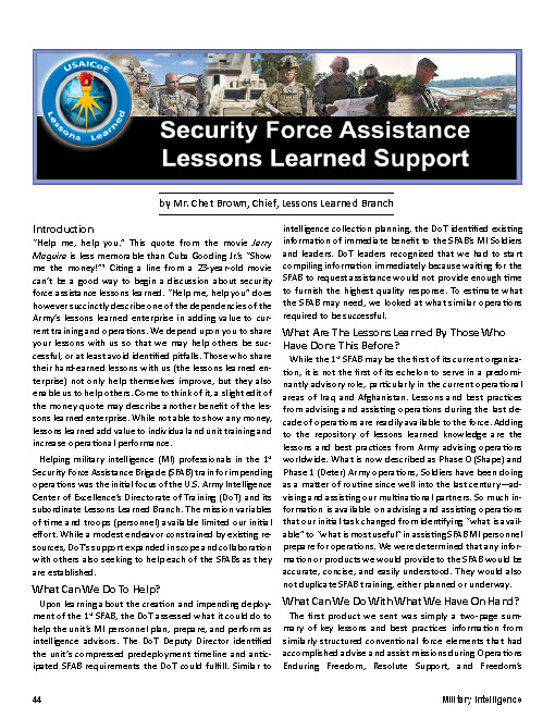 Security Force Assistance Lessons Learned Support — 06 Jul 2019