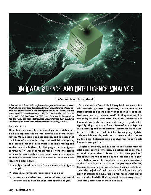 On Data Science and Intelligence Analysis