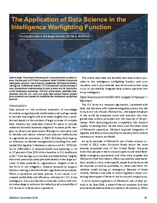 The Application of Data Science in the Intelligence Warfighting Function — 12 Oct 2019